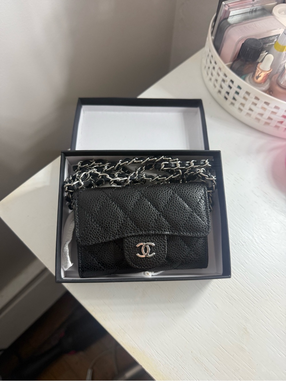 Black Quilted Mini Flap Wallet on Chain